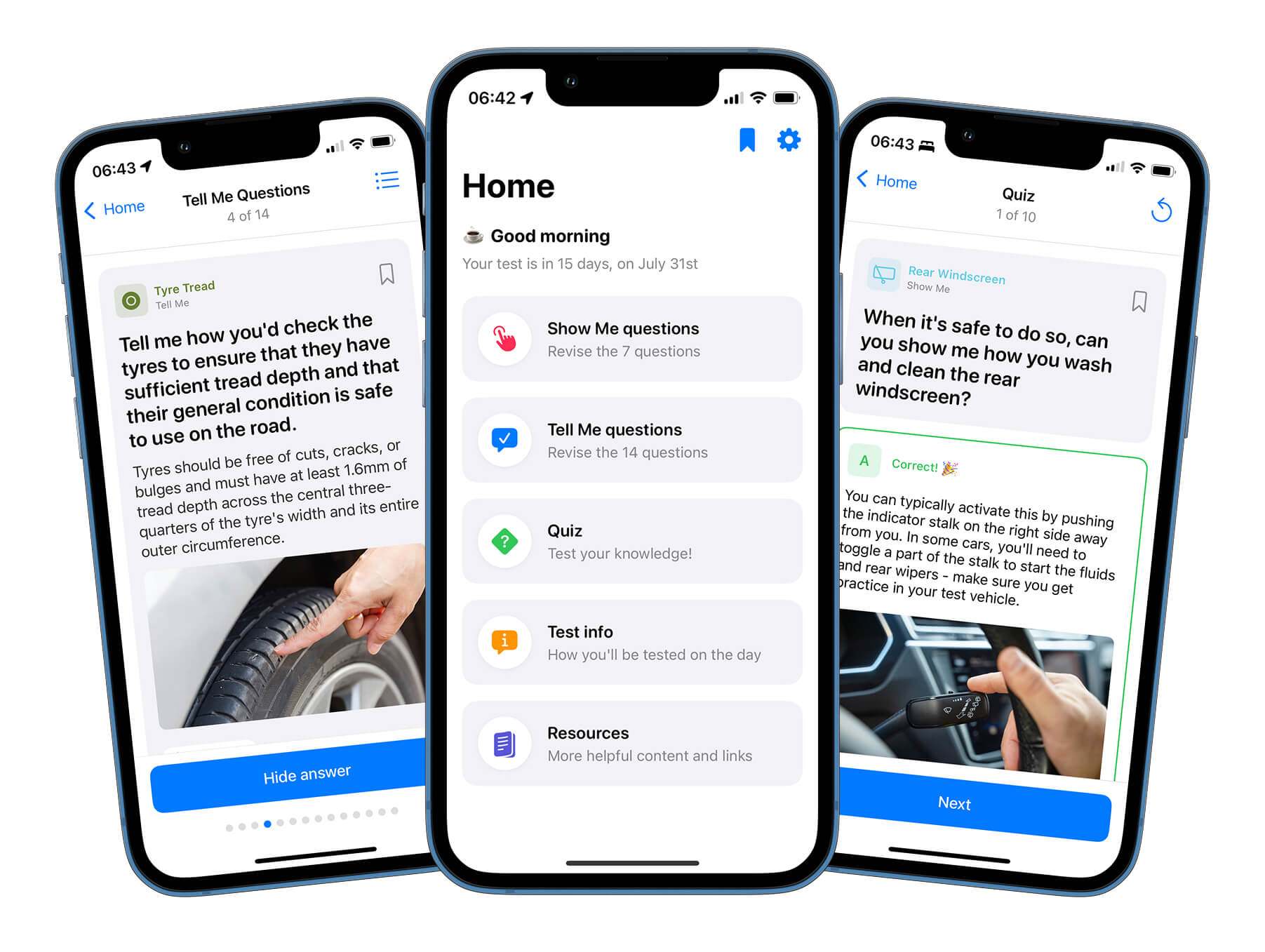 Show Me Tell Me Test Kit app interface showing practice questions